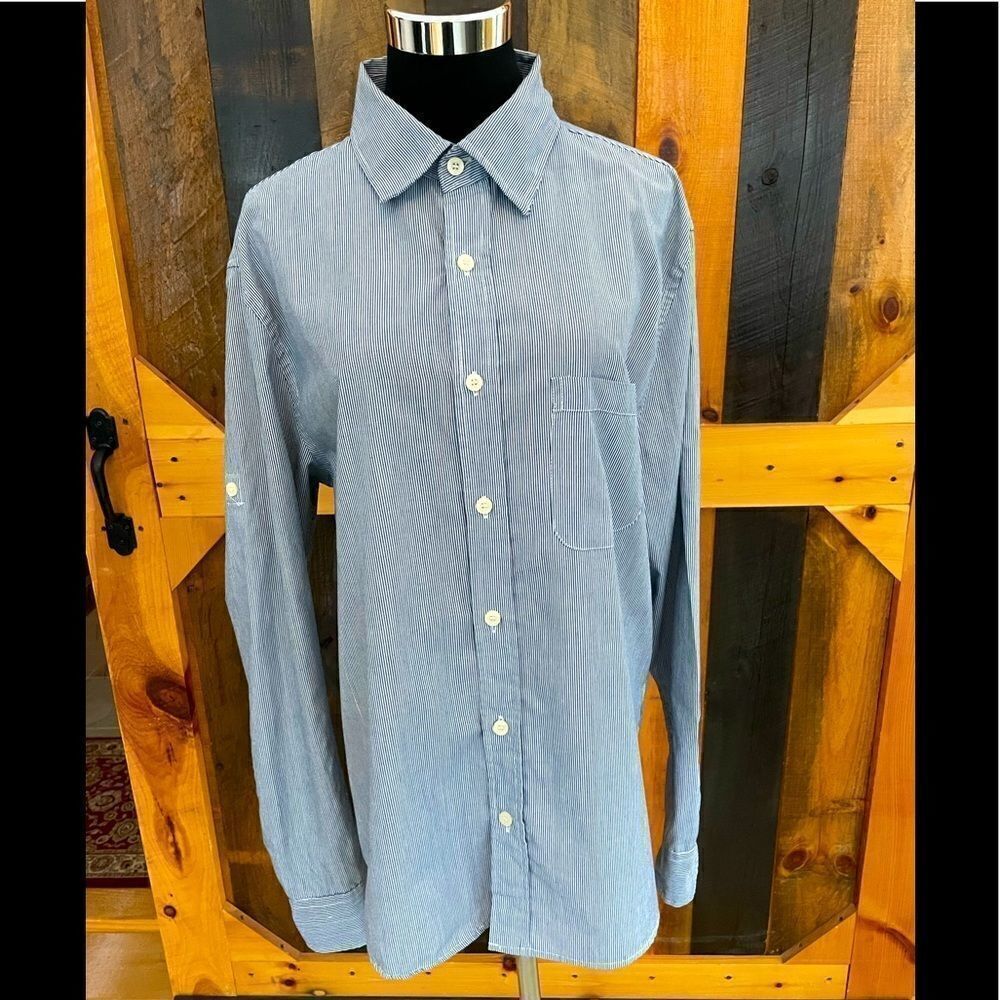 Ditch Plains blue and white striped button down shirt with tan sleeves, size L